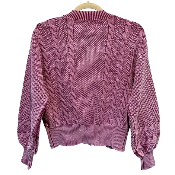 Camellia Cable Knit Cardigan Women Med Mauve Purple Cotton Balloon Sleeve Boho - Picture 4 of 9